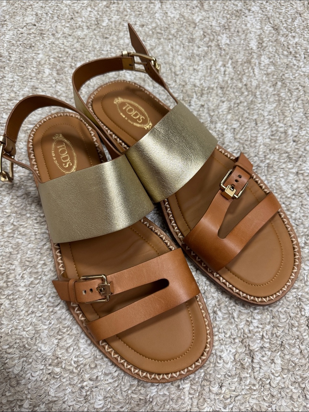 TOD'S Tan Leather Sandals with Gold Strap